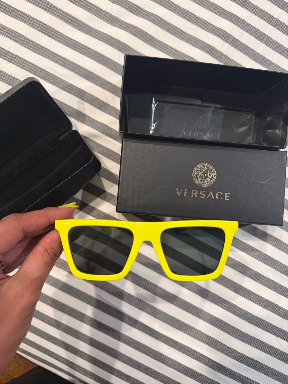 Versace Men’s Neon Yellow Rectangular Sunglasses with Dark Lenses